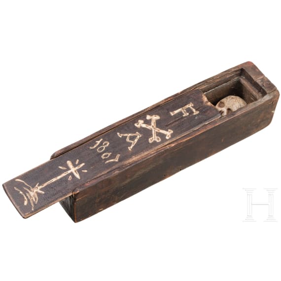 A southern German/Alpine memento mori skeleton in a coffin, dated 1807