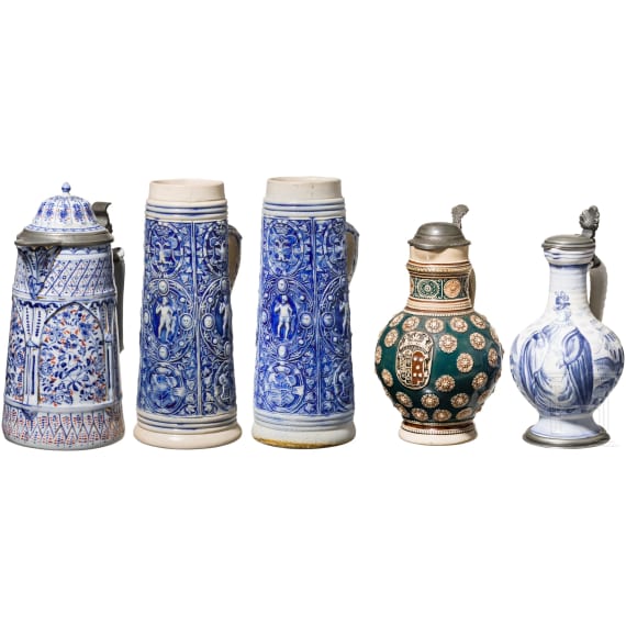 Two jars, two Siegburger Schnellen and a jug, 19th - 20th century