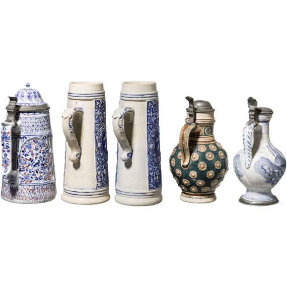 Two jars, two Siegburger Schnellen and a jug, 19th - 20th century