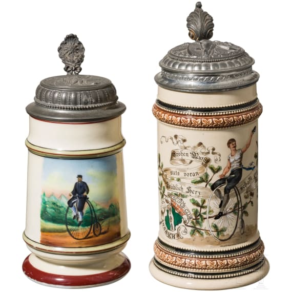 Two Hochrad-motif jugs, late 19th century
