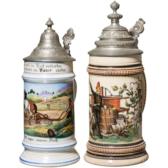 Two motif jugs with tin lids, 19th century