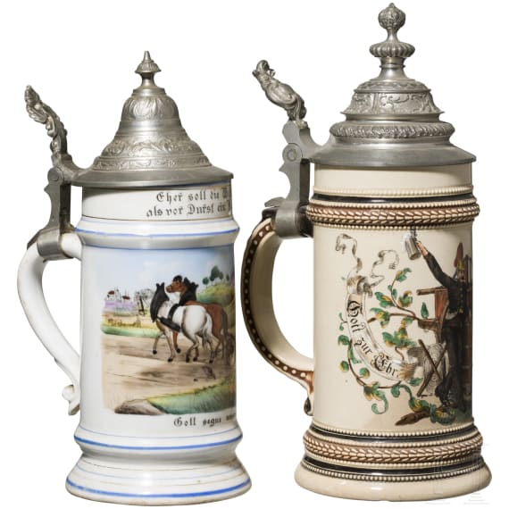 Two motif jugs with tin lids, 19th century