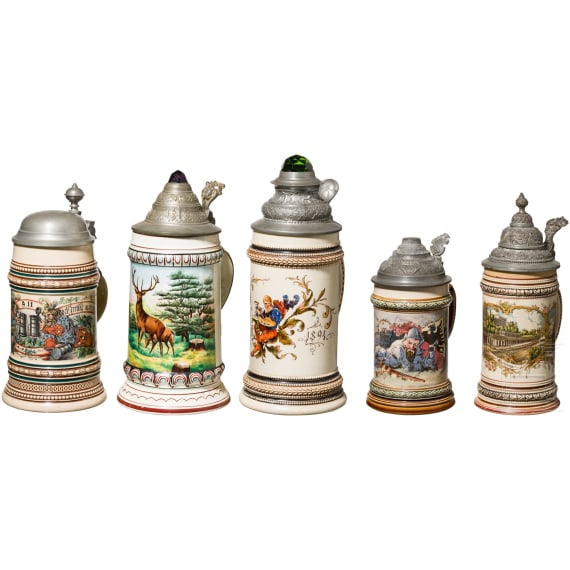 Five motif jugs with tin lids, around 1900