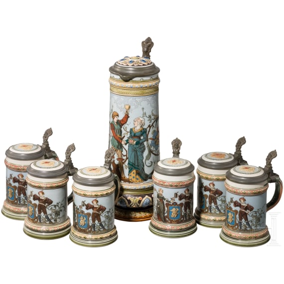 Mettlach historicism stoneware can with six jugs, last quarter of the 19th century