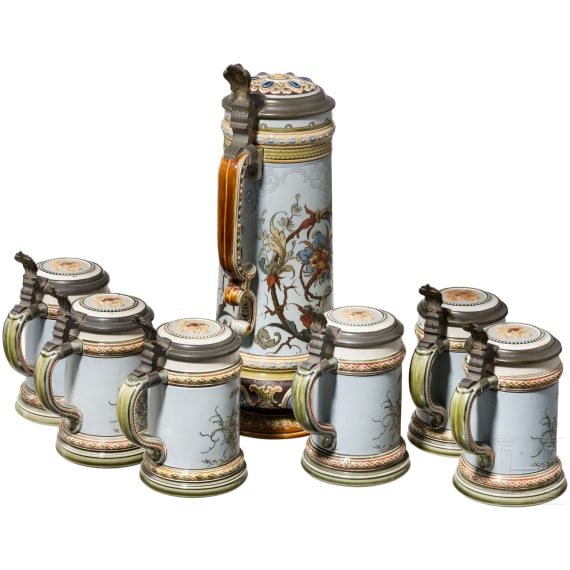 Mettlach historicism stoneware can with six jugs, last quarter of the 19th century