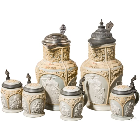 Two Mettlach historicism lidded cans and four drinking mugs with figure frieze, end of 19th century