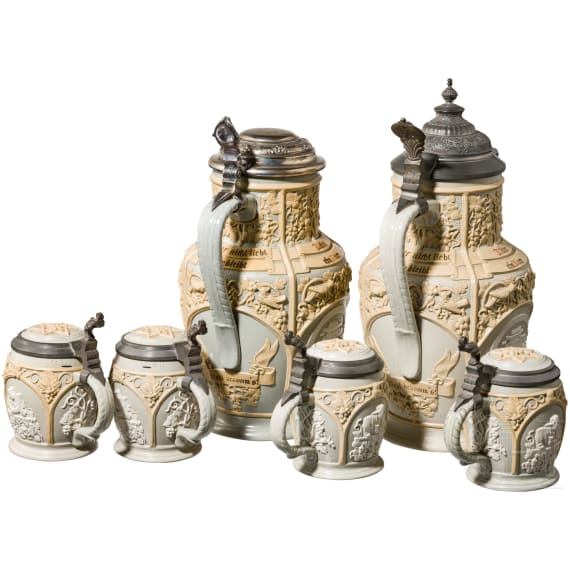 Two Mettlach historicism lidded cans and four drinking mugs with figure frieze, end of 19th century