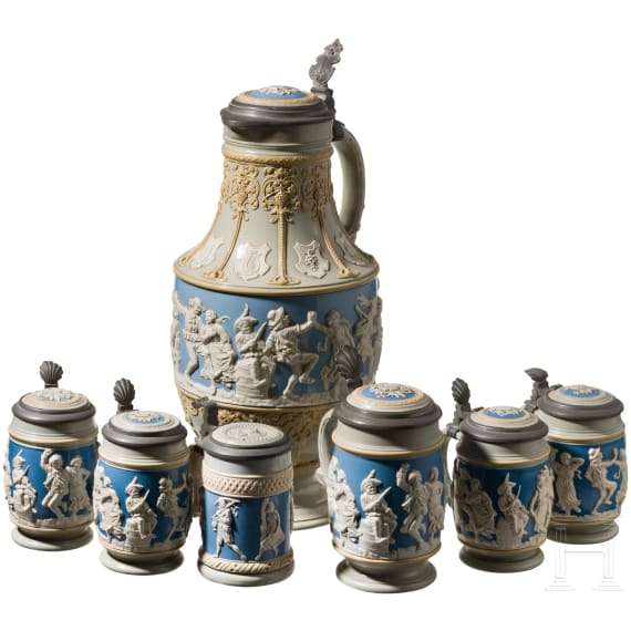 Mettlach lidded can and six drinking mugs with figure frieze, end of 19th century