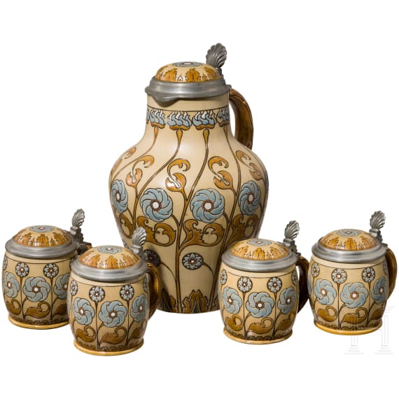 Mettlacher lidded can with four drinking mugs, art nouveau style, early 20th century