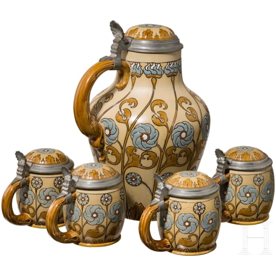 Mettlacher lidded can with four drinking mugs, art nouveau style, early 20th century
