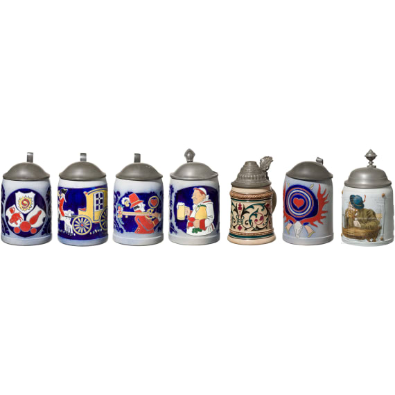Seven beer mugs with tin lids, late 19th-20th century