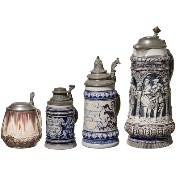 Three beer mugs and a jug
