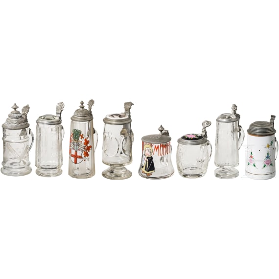 Eight glass beer mugs with tin lids, 19th - 20th century