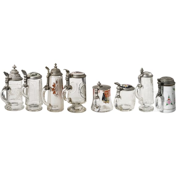 Eight glass beer mugs with tin lids, 19th - 20th century