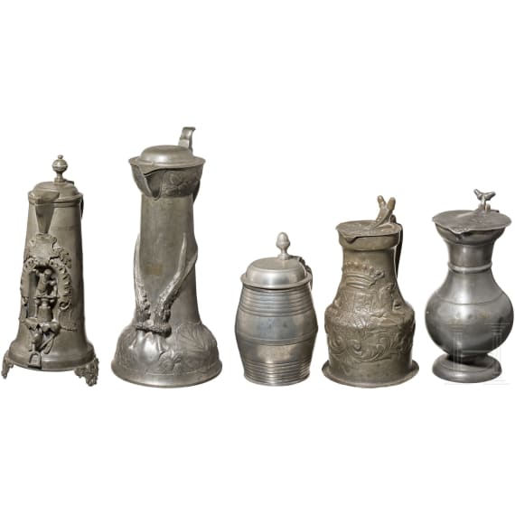 Five pewter mugs, 19th century