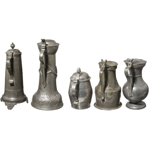 Five pewter mugs, 19th century