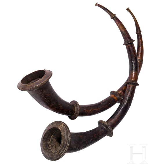 A pair of Tibetan or Nepalese copper ritual horns, 19th century