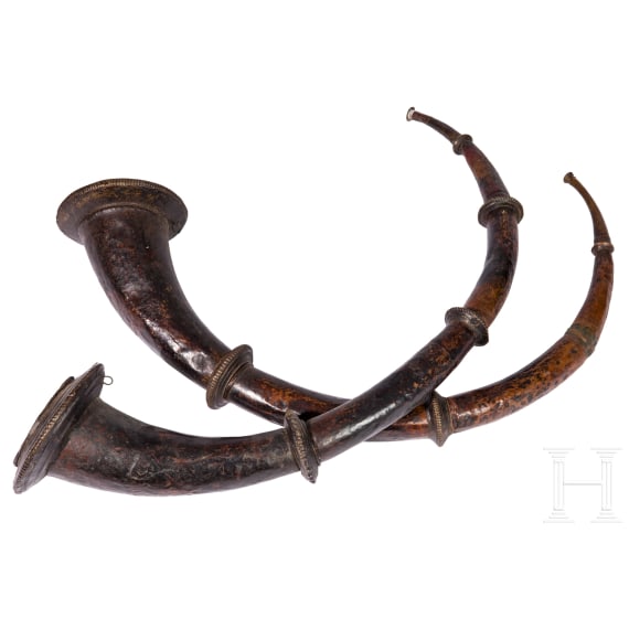 A pair of Tibetan or Nepalese copper ritual horns, 19th century