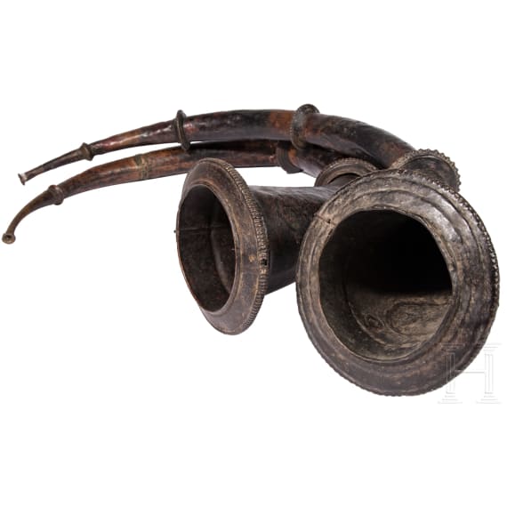 A pair of Tibetan or Nepalese copper ritual horns, 19th century