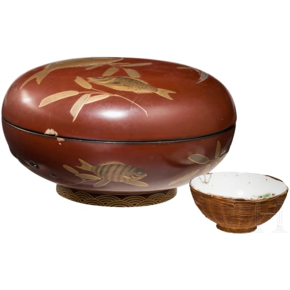 A round lacquer box and a porcelain tea bowl, Japan, Meiji-Period and China, respectively