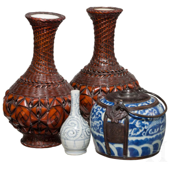 A Japanese set consisting of two Ikebana vases, a miniature vase and a handle pot, 19th century