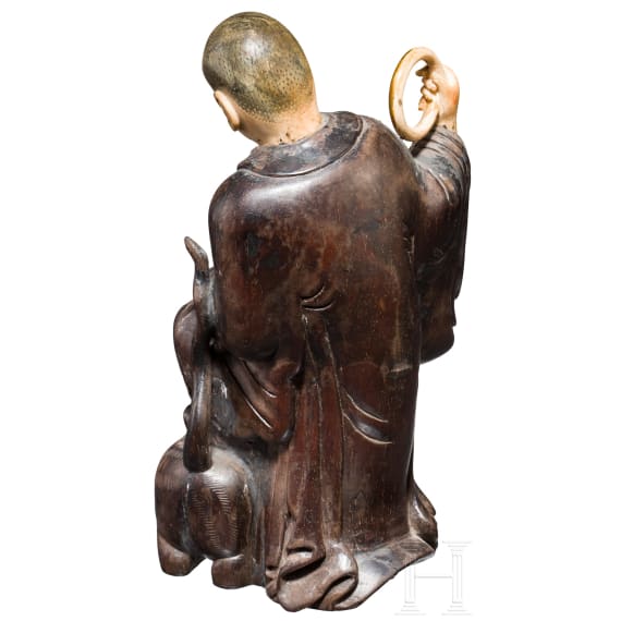 Monk with dog, carving in wood and ivory, China, around 1900