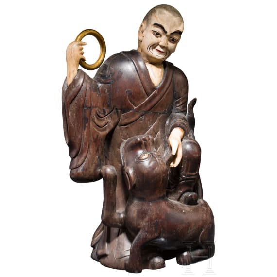 Monk with dog, carving in wood and ivory, China, around 1900