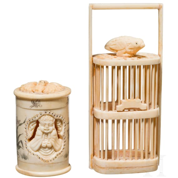 Two carved and engraved Chinese ivory cages for crickets, 19th century