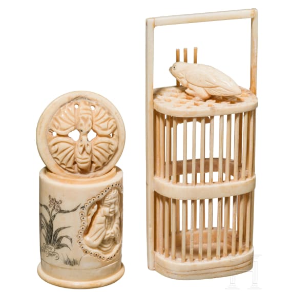 Two carved and engraved Chinese ivory cages for crickets, 19th century
