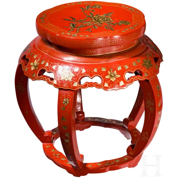 A Chinese painted stool with red lacquer decoration, 20th century