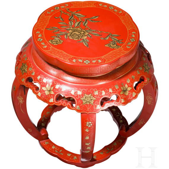 A Chinese painted stool with red lacquer decoration, 20th century