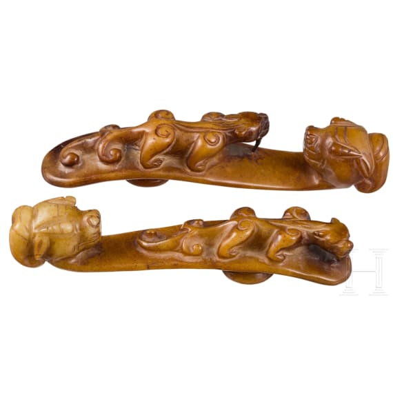 A pair of Chinese jade belt hooks, probably circa 1900 or earlier