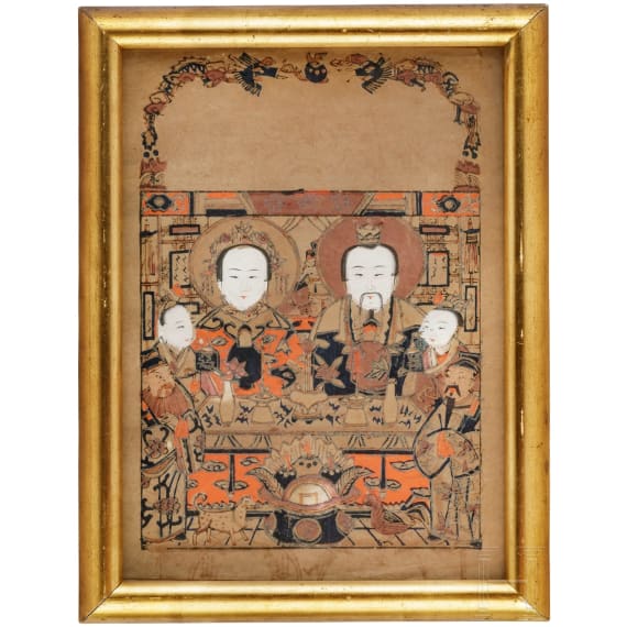 A colored print with family portrait, China, 19th century