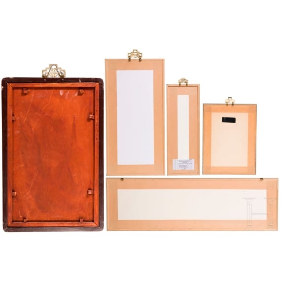 A bundle of framed Asian objects, mostly 19th century