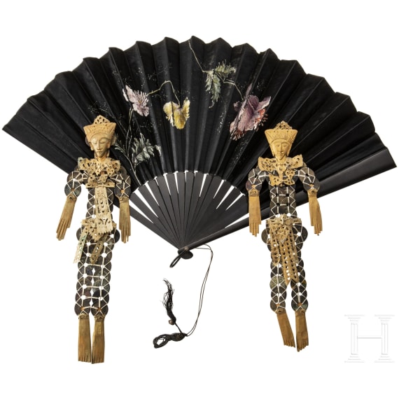 Two figures with coins from the Qing Dynasty, painted silk fan, China, 1900