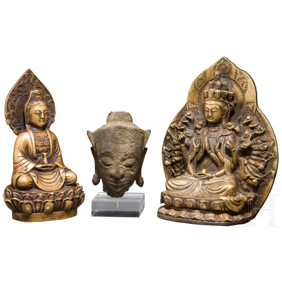 Two Buddhas and a stone head, Thailand/China, 18th/19th century