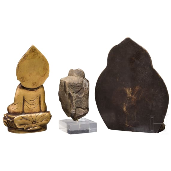Two Buddhas and a stone head, Thailand/China, 18th/19th century
