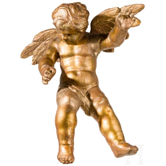 A carved and gold painted putto, German, 18th century