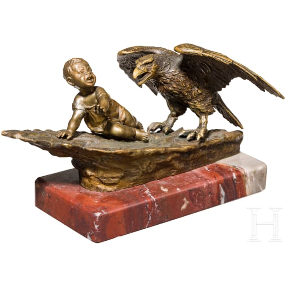 Ruffino Besserdich (1852 - ?) - a small bronze sculpture of a child with eagle