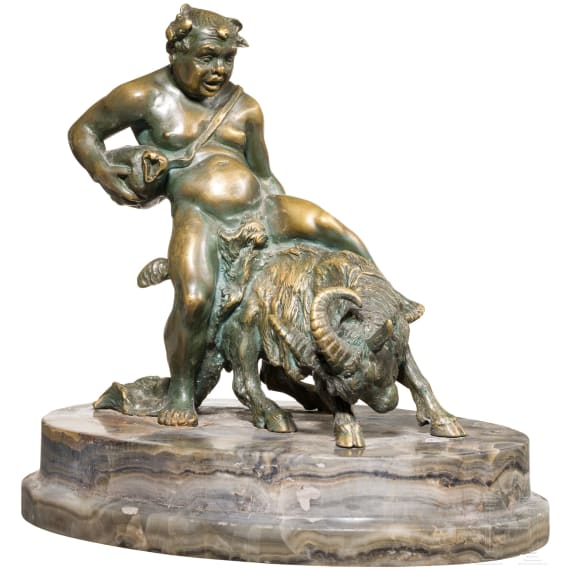 Bacchus auf Ziegenbock, Bronze auf Marmorsockel, um 1900