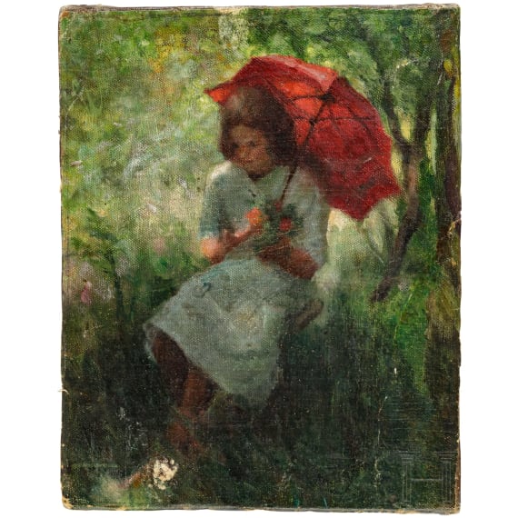 "Girl with red umbrella", impressionist painting, German or French, late 19th century