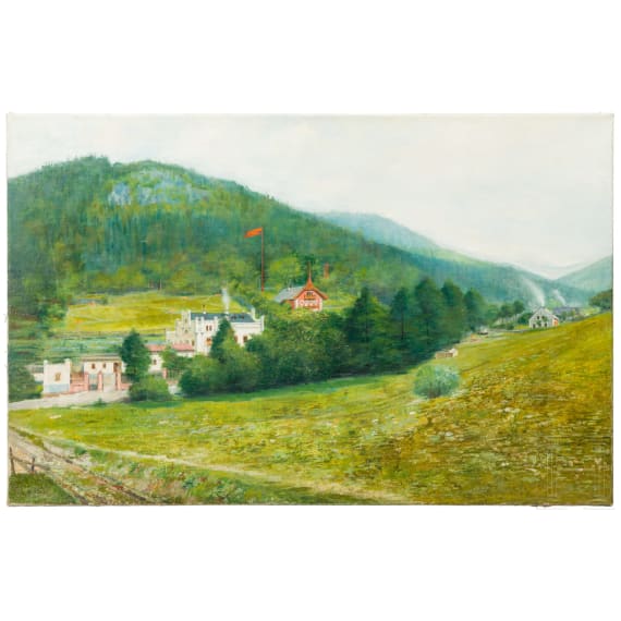 An oil painting, "Swiss Mountain Landscape", dated 1895