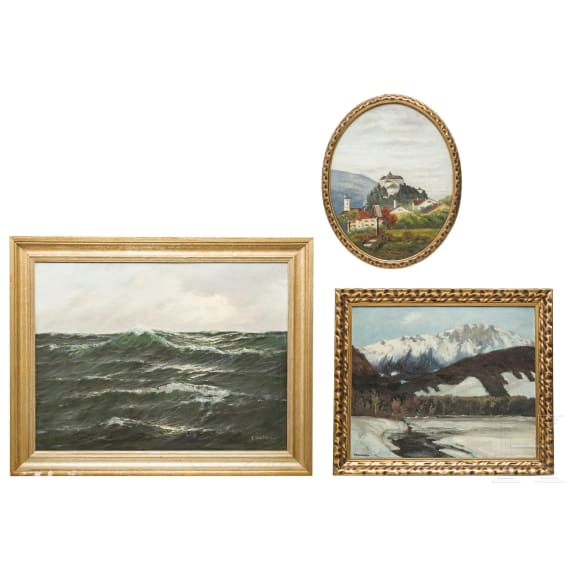 Three oil paintings - "Berglandschaft" (Mountain Scene), "Festung Kufstein" (Kufstein Fortress) and "Meereswogen" (Ocean Waves)