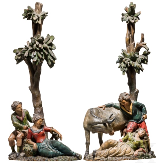 Two Tyrolean carvings with genre scenes as counterparts, circa 1800
