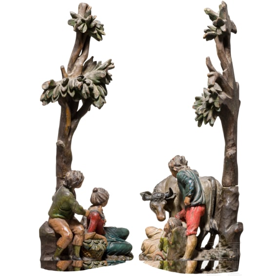Two Tyrolean carvings with genre scenes as counterparts, circa 1800