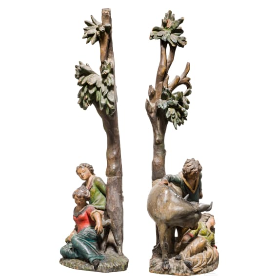 Two Tyrolean carvings with genre scenes as counterparts, circa 1800