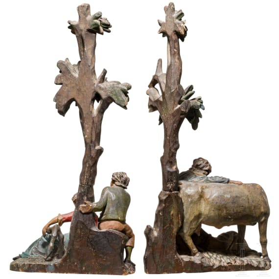 Two Tyrolean carvings with genre scenes as counterparts, circa 1800