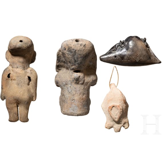 Two Central and South American pipes and two pipe figures, circa 1000 &ndash; 1500