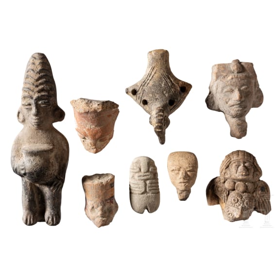 Seven small Central and South American figures and heads plus a clay pipe, circa 1st &ndash; 15th century