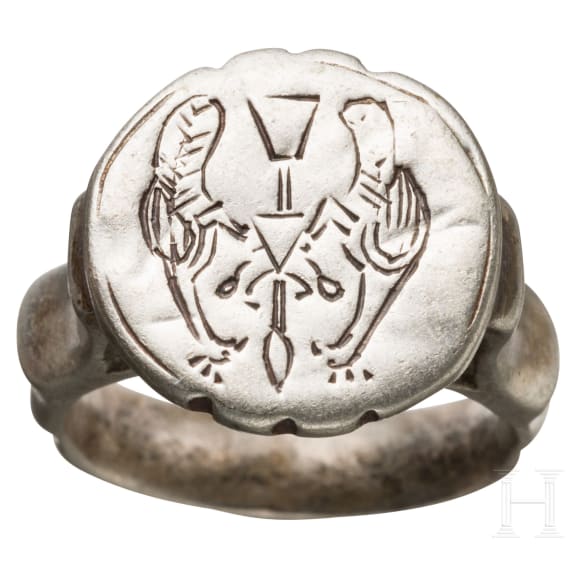 A southeastern European late Byzantine silver ring of a nobleman, 13th - 14th century